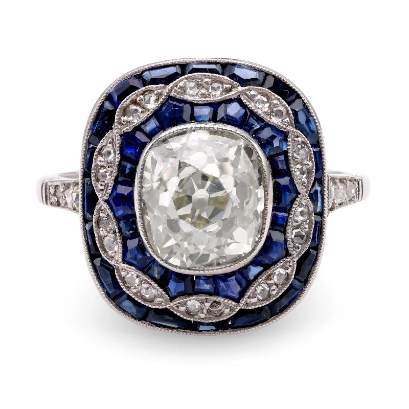 mixed metal rings for women-Art Deco Inspired 2.24 Carat Old Mine Diamond Sapphire Platinum Dinner Ring