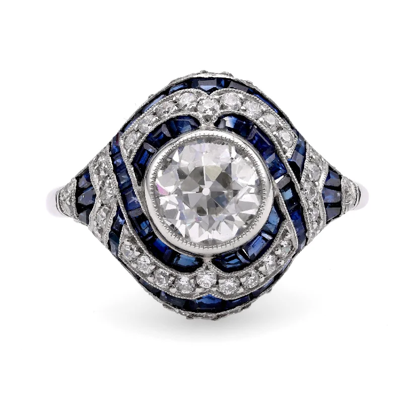 diamond wedding bands for women-Art Deco Inspired 1.22 Carat Diamond Sapphire Platinum Ring