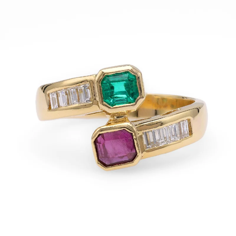 gold wedding rings for women-Emerald Ruby Diamond Yellow Gold Bypass Ring