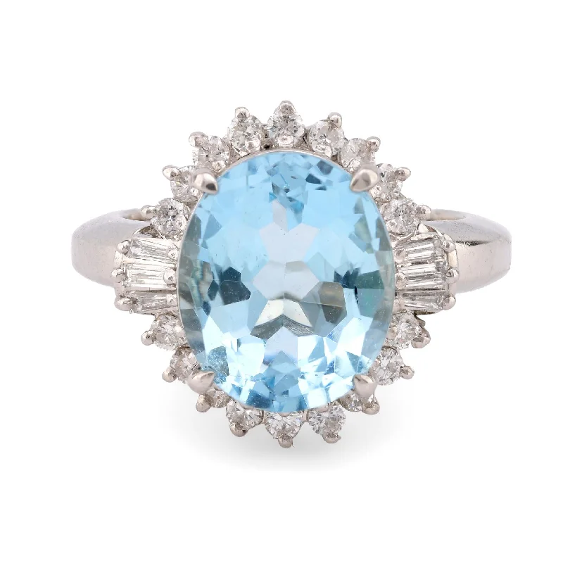 vintage style rings for women-Vintage 4.24 Carat Aquamarine Diamond Platinum Cocktail Ring